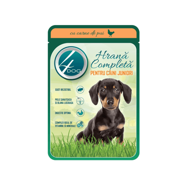 4DOG Plic hrana completa pentru caine junior, pui in sos, 100g